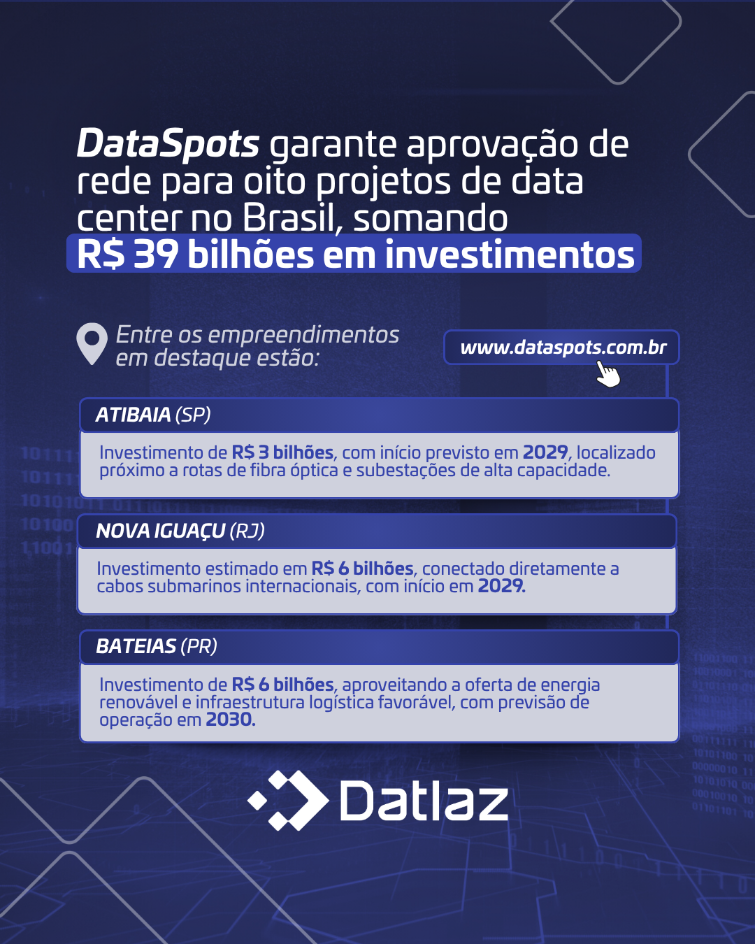 DataSpots garante aprovação de rede para oito projetos de data center no Brasil, somando R$ 39 bilhões em investimentos
